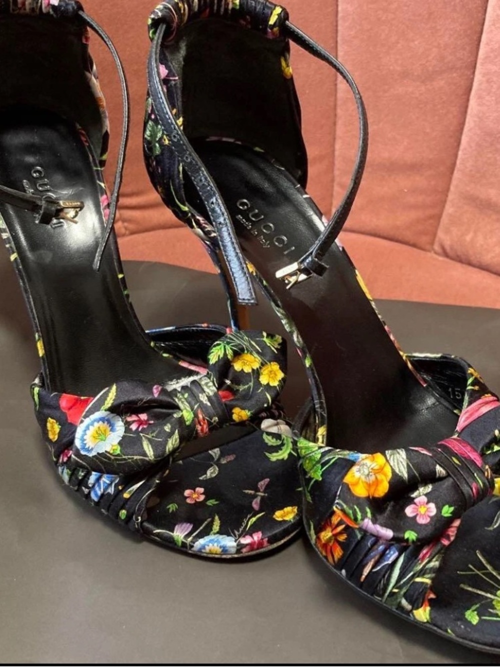 Gucci Floral💐 Satin Ankle Strap Heels w/ Knot Bow  Print Stiletto Sandals- Mint - Picture 2 of 8